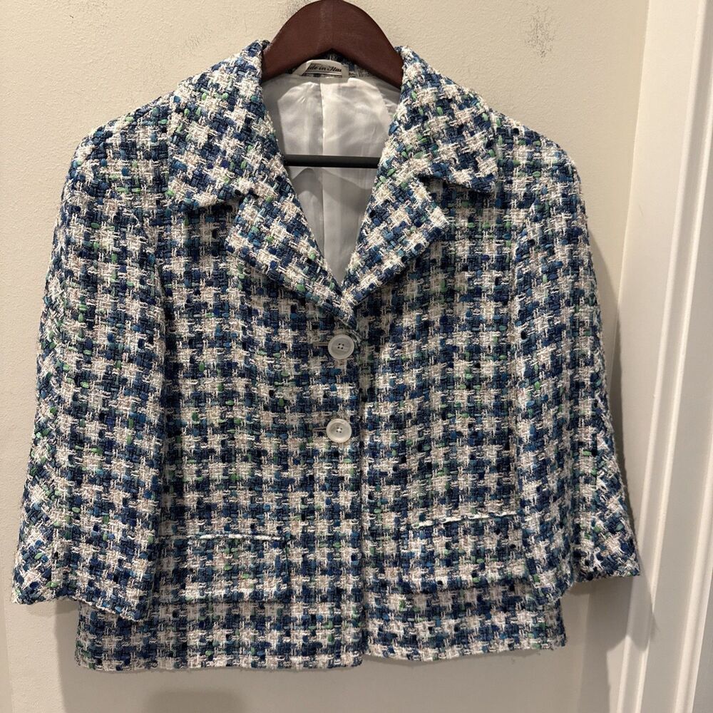 Belvest By Shari’s Tweed Blazer Jackie Style Blue Green Size XS